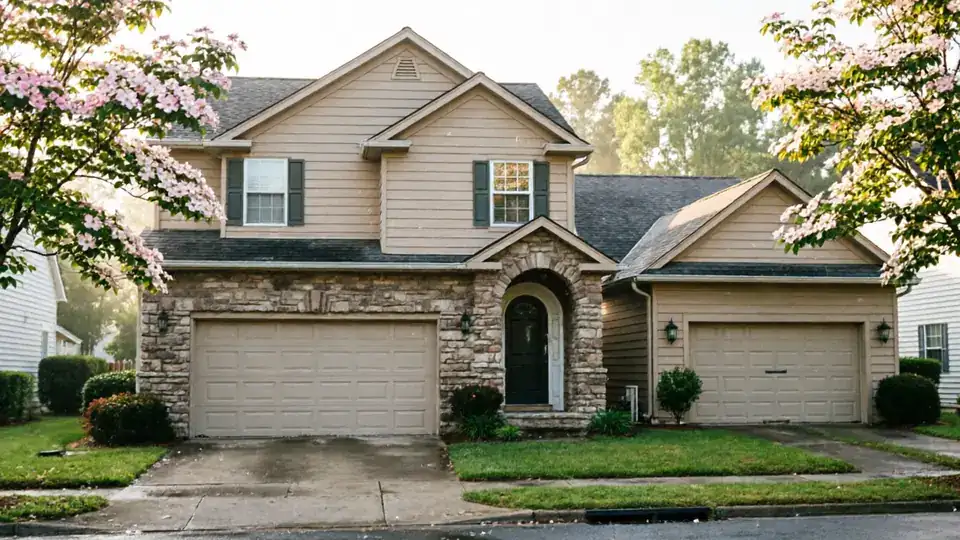 A two-story house with two beige garage doors and stone accents.