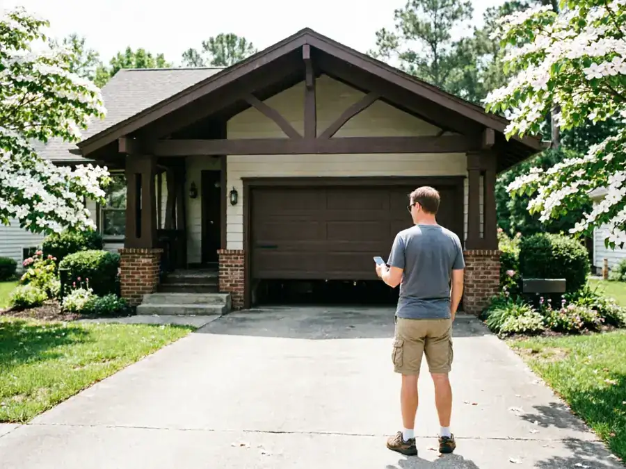 A man stands in a driveway, looking at a partially open brown garage door.