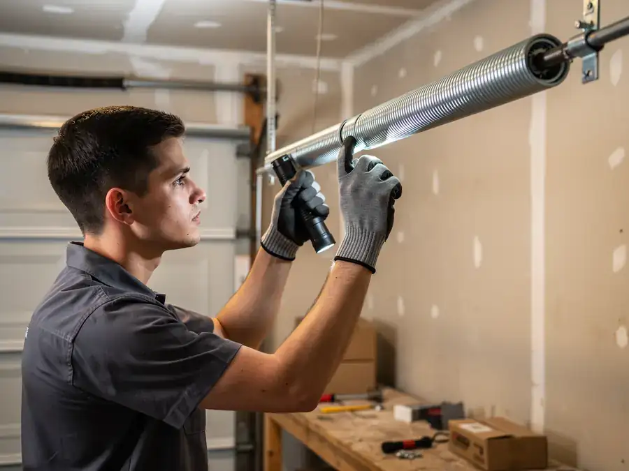 A technician in a gray shirt and gloves inspects a garage door torsion spring with a flashlight.