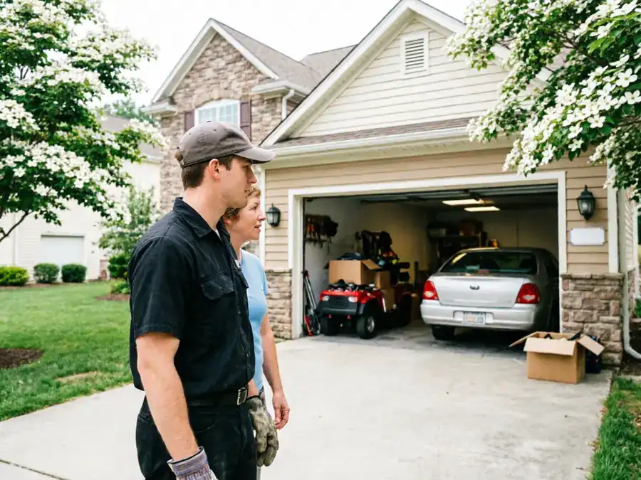 A technician and a woman stand in front of an open garage with a car inside.