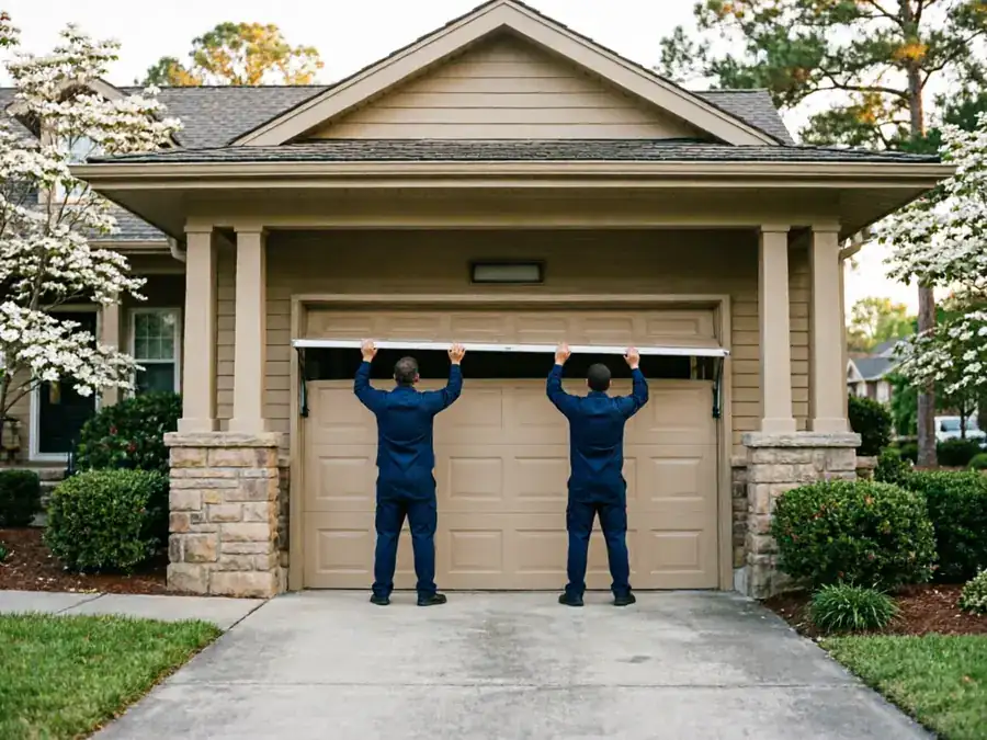 Two technicians in blue uniforms are installing a garage door.