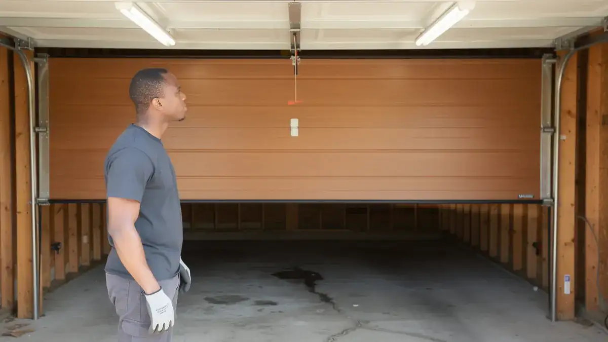 A technician stands in a garage looking at a partially open brown garage door.