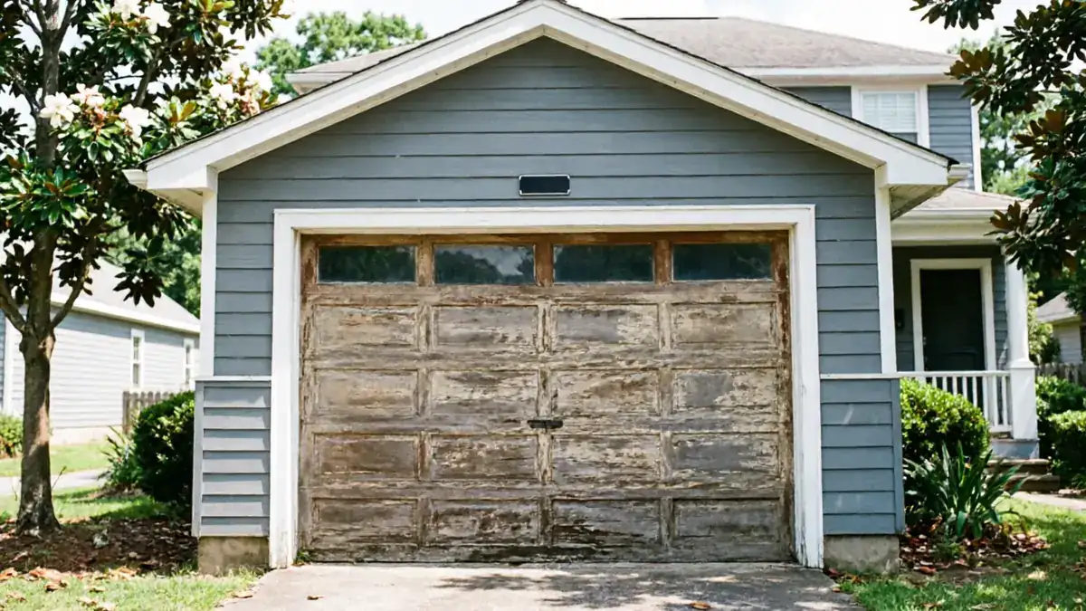 A weathered wooden garage door with windows is on a blue house.