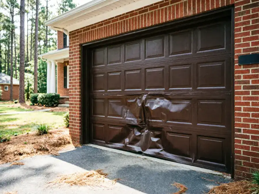 A brown garage door on a brick house is severely dented.