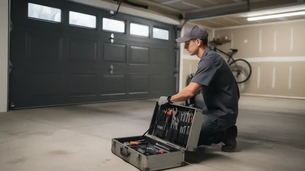 A technician kneels by an open toolbox in front of a gray garage door.