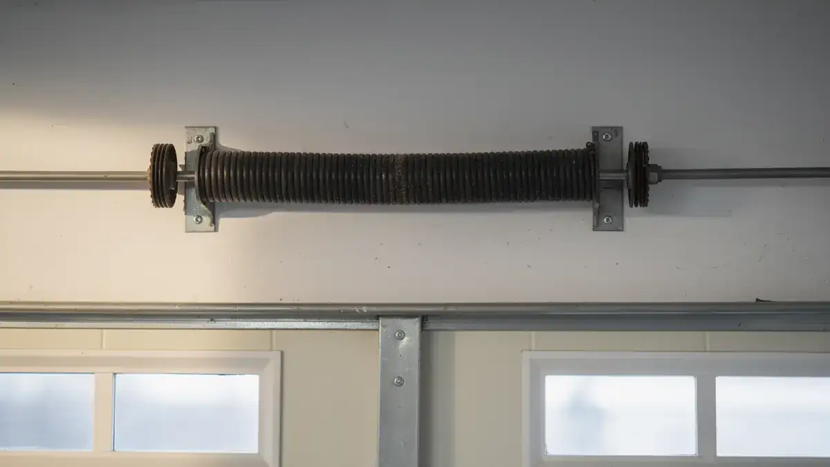 A torsion spring is mounted above a white garage door with windows.